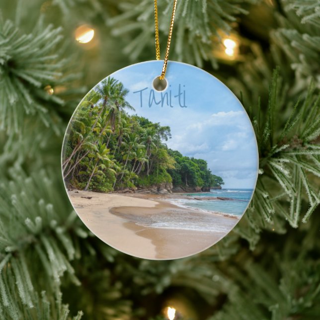 Tahiti Sand Beach Blue Sky Palm Trees Ceramic Ornament (Tree)