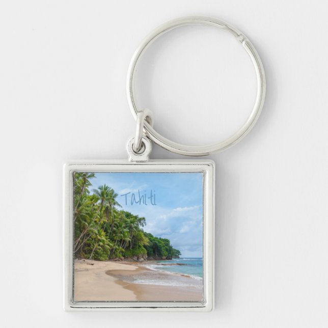 Tahiti Sand Beach Blue Sky Palm Trees Keychain (Front)