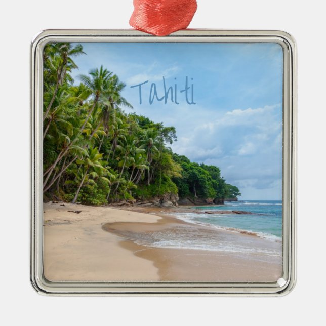 Tahiti Sand Beach Blue Sky Palm Trees Metal Ornament (Front)