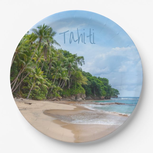 Tahiti Sand Beach Blue Sky Palm Trees Paper Plates (Front)