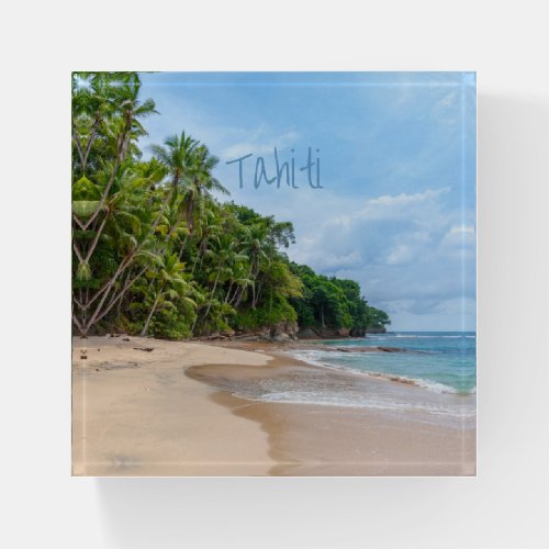Tahiti Sand Beach Blue Sky Palm Trees Paperweight