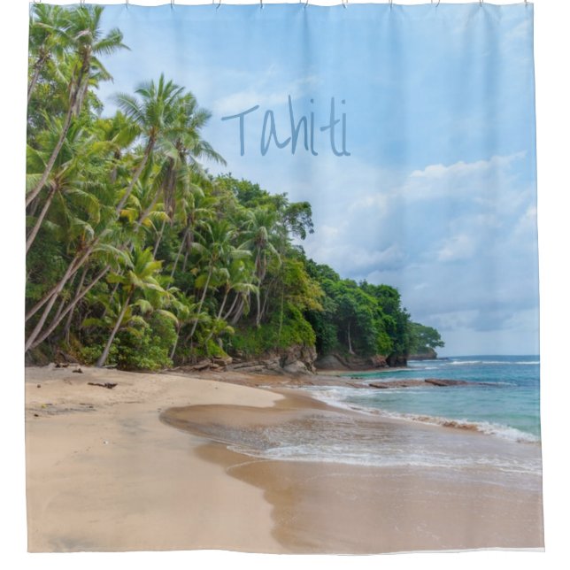 Tahiti Sand Beach Blue Sky Palm Trees Shower Curtain (Front)