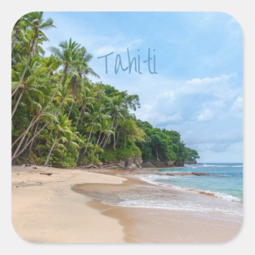 Tahiti Sand Beach Blue Sky Palm Trees Square Sticker