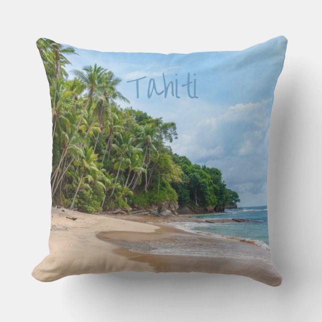 Tahiti Sand Beach Blue Sky Palm Trees Throw Pillow (Front)