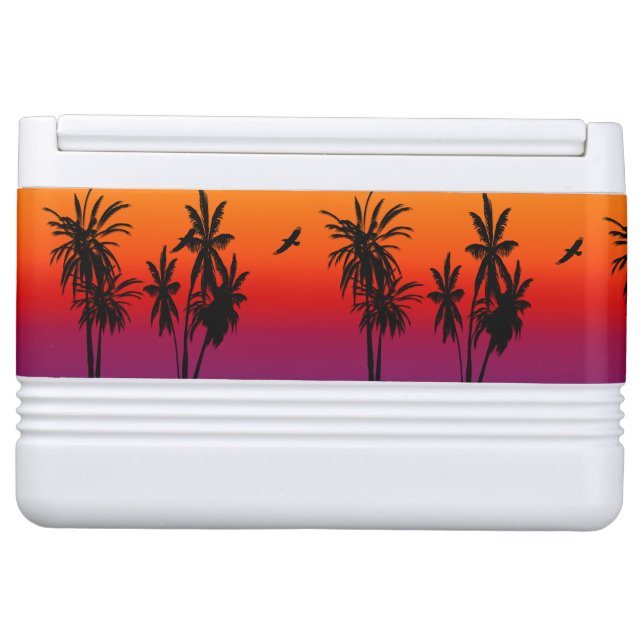 Tahiti Sunset Haze Black Palm Trees Circling Hawk Drink Cooler (Front)