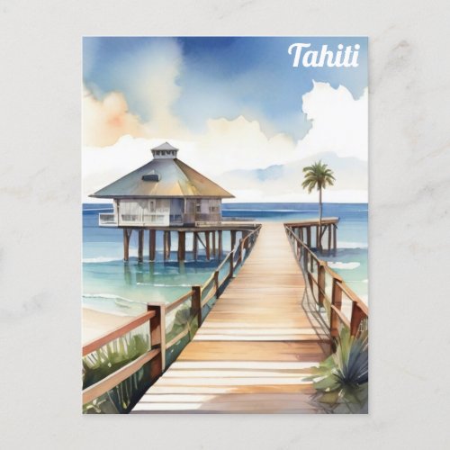 Tahiti Tropical Beach Resort Watercolor Postcard