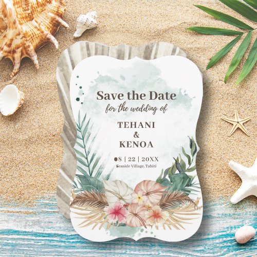 Tahiti  Tropical Watercolor Palm Leaves  Flowers Save The Date