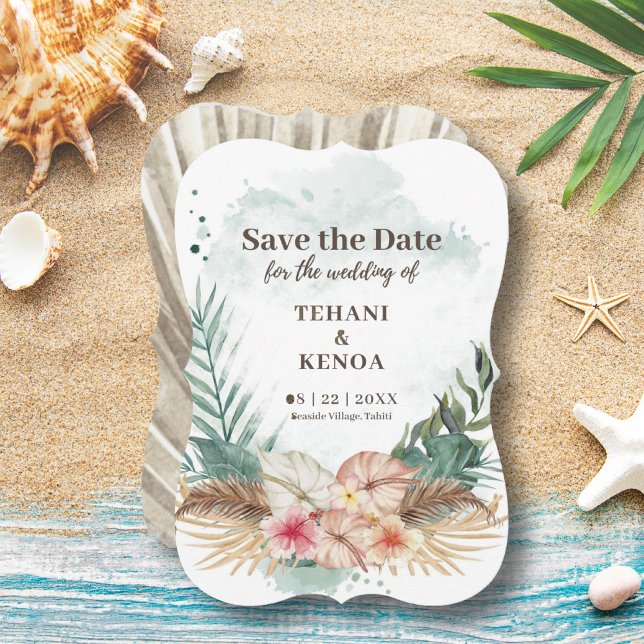 Tahiti | Tropical Watercolor Palm Leaves & Flowers Save The Date (Creator Uploaded)