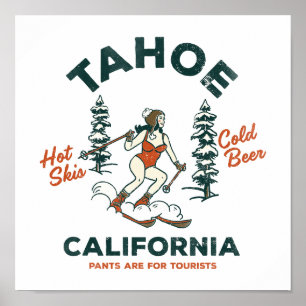 Tahoe, California Funny Retro Skiing & Beer Art Poster