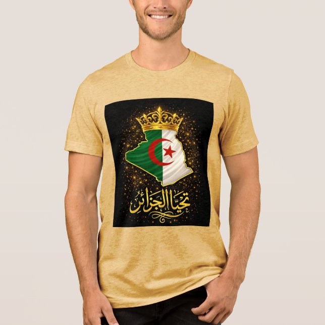 Tahya El Djazair Crown – Golden Long Live Algeria Tri-Blend Shirt (Front)