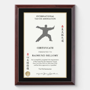 Tai Chi Instructor Certificate Award Plaque