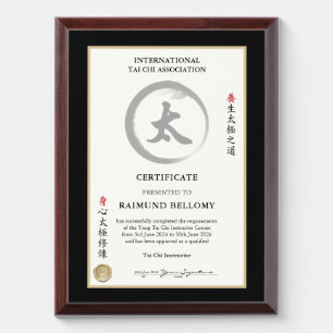 Tai Chi Instructor Certificate Award Plaque