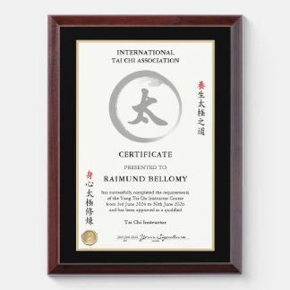 Tai Chi Instructor Certificate Award Plaque
