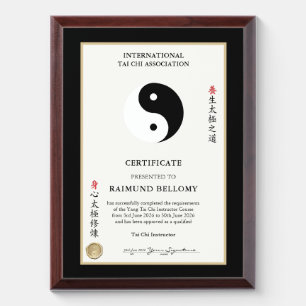 Tai Chi Instructor Certificate Award Plaque