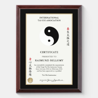 Tai Chi Instructor Certificate Award Plaque