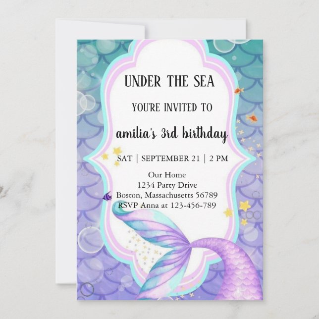 tail of mermaid purple and blue birthday  invitation (Front)
