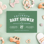 Tailgate baby shower fun light blue football invitation<br><div class="desc">Kickoff to parenthood! Throw a tailgate themed baby shower with this fun original baby shower invitation. Part of a collection by Lea Delaveris Design, this sports themed invite features light blue and white type with an athletic feel on a turf-inspired background. Sports fans will love this athletic design and it's...</div>