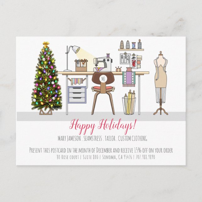 Tailor Seamstress Customer Holiday Discount Announcement Postcard (Front)