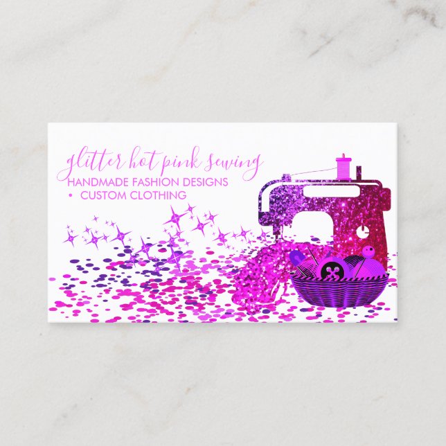 Tailor Sewing Machine Neon Pink Script Name Business Card (Front)