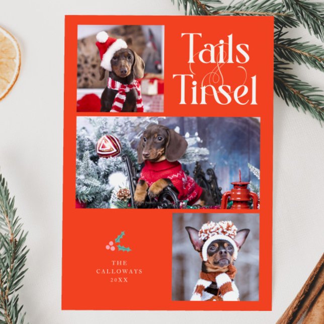 Tails & Tinsel Dog Photo Retro Red Christmas Holiday Card (Creator Uploaded)