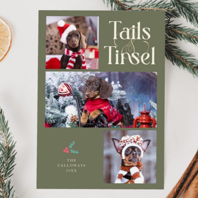 Tails & Tinsel Dog Photo Sage Green Christmas Holiday Card (Creator Uploaded)