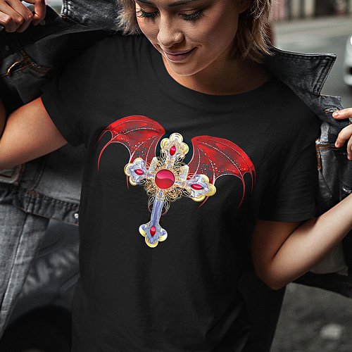 Tainted Red Jewelled Gold Tipped Christian Cross T_Shirt