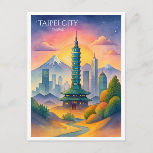Taipei City Taiwan Skyline Watercolor Holiday Postcard