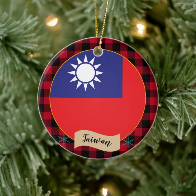 Taiwan, Red buffalo plaid & Taiwanese Flag Ceramic Ornament (Tree)