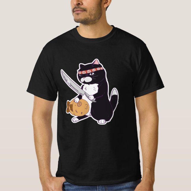 Taiyaki Samurai Cat with Fish, Sushi Cat T-Shirt (Front)