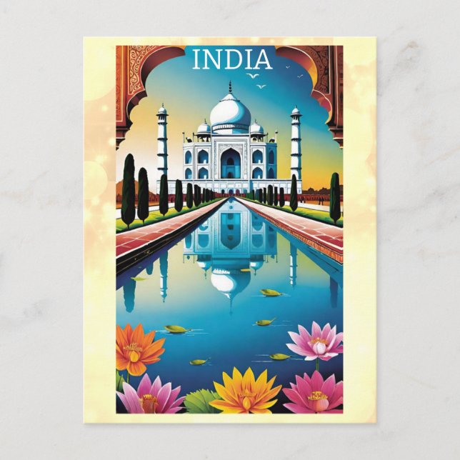 Taj Mahal Agra India Watercolor Lotus Floral Postcard (Front)