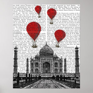 Taj Mahal and Red Hot Air Balloons Poster