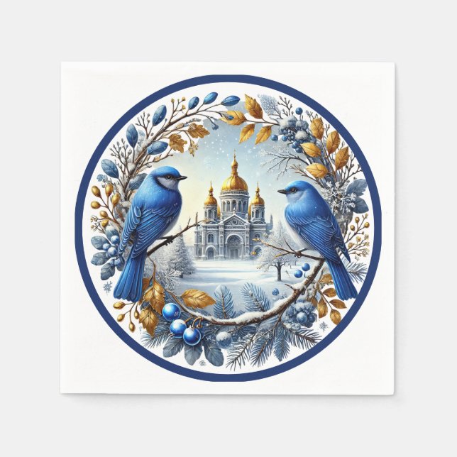 Taj Mahal Bluebirds Winter Berries Napkins (Front)