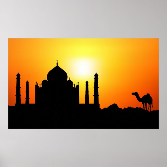 Taj Mahal & Camel On Sunset Background Poster (Front)