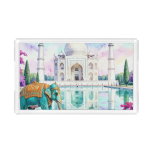 Taj Mahal & Elephant Watercolor Acrylic Tray