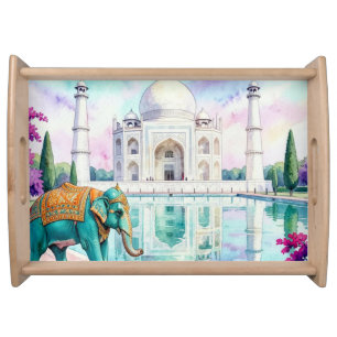 Taj Mahal & Elephant Watercolor Serving Tray