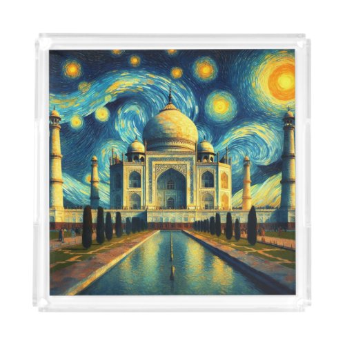 Taj Mahal India Starry Night Acrylic Tray