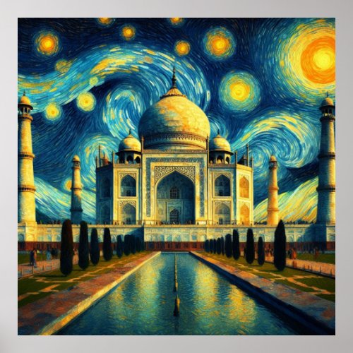 Taj Mahal India Starry Night Poster