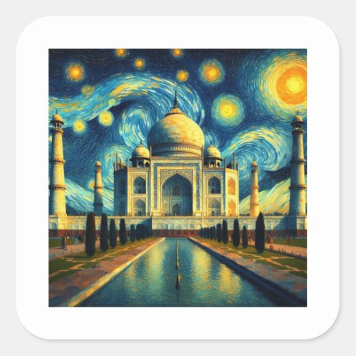 Taj Mahal India Starry Night Square Sticker