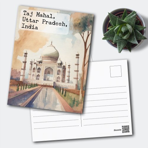Taj Mahal India Vintage Watercolor Travel Postcard