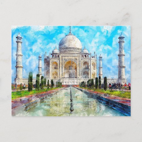 Taj Mahal India watercolor postcard