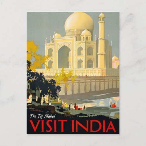 Taj Mahal Visit India Vintage Travel Poster Restor Postcard