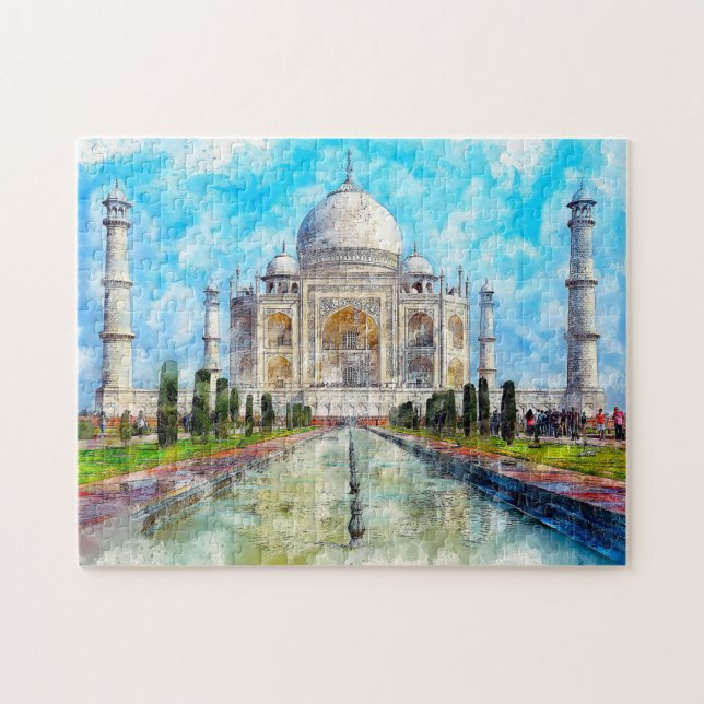 Taj Mahal Watercolor Painted Jigsaw Puzzle (Horizontal)