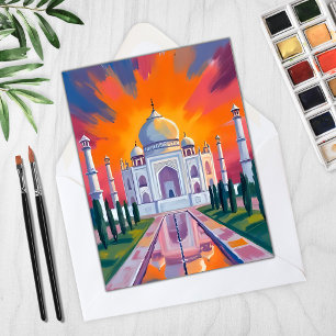 Taj Mahal Watercolor Sunset India Travel Card