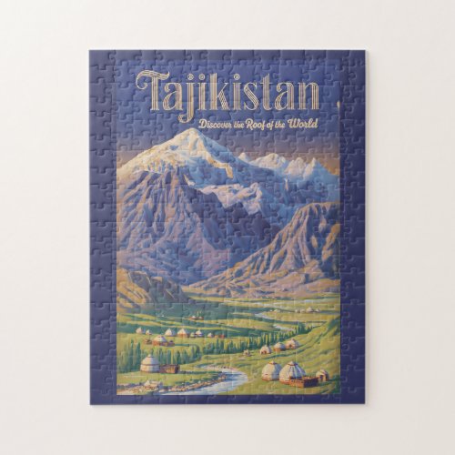 Tajikistan Landscape Illustration Travel Art Retro Jigsaw Puzzle