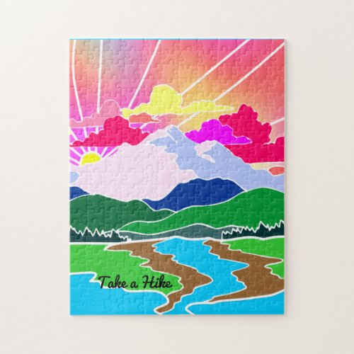 Take a Hike _ Colorful Sunset Mountains and River Jigsaw Puzzle