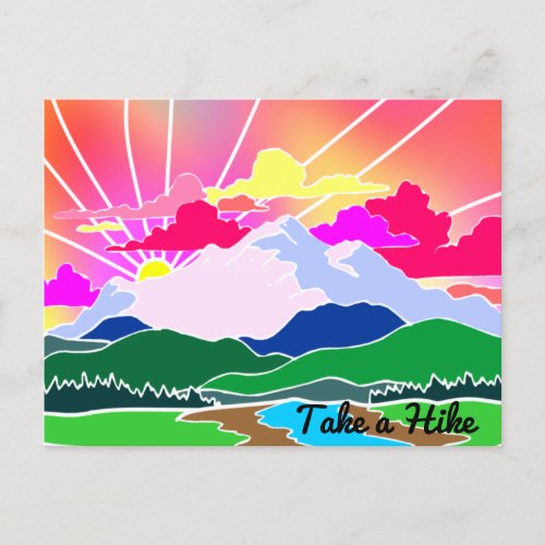 Take a Hike _ Colorful Sunset Mountains and River Postcard