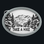 Take a Hike quote monochrome mountain landscape Belt Buckle<br><div class="desc">Monochrome illustration with view to mountains and snowy winter wood drawing in woodcut style</div>