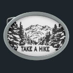 Take a Hike quote monochrome mountain landscape Belt Buckle<br><div class="desc">Monochrome illustration with view to mountains and snowy winter wood drawing in woodcut style</div>