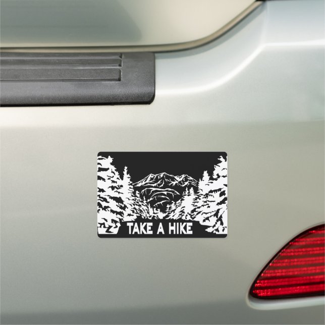 Take a Hike quote monochrome mountain landscape Car Magnet (In Situ)