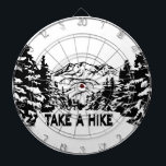 Take a Hike quote monochrome mountain landscape Dart Board<br><div class="desc">Monochrome illustration with view to mountains and snowy winter wood drawing in woodcut style</div>
